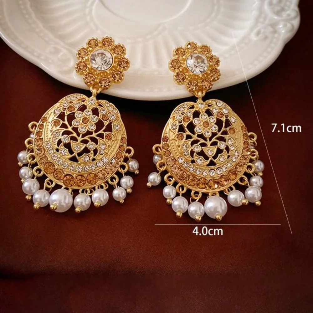 Vintage Palace Chandbali Earrings | Gold Tone Rhinestone & Faux Pearl Dangles
